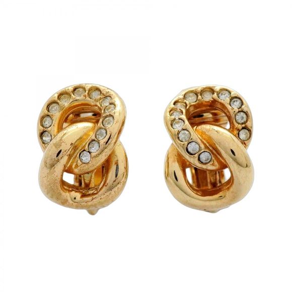 Christian Dior Earrings Chain GP Plated Rhinestone Gold  Women's - Picture 1 of 16